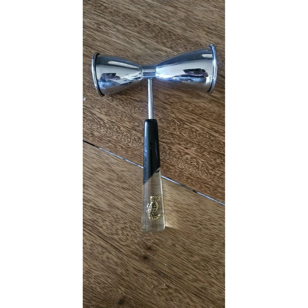 VTG. Metal Double Jigger with Lucite Long Handle Clear Black Ocean Theam